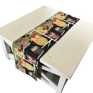 Tapestry Table Runner Owl Theme Multicolored 66.5” x 13” EUC